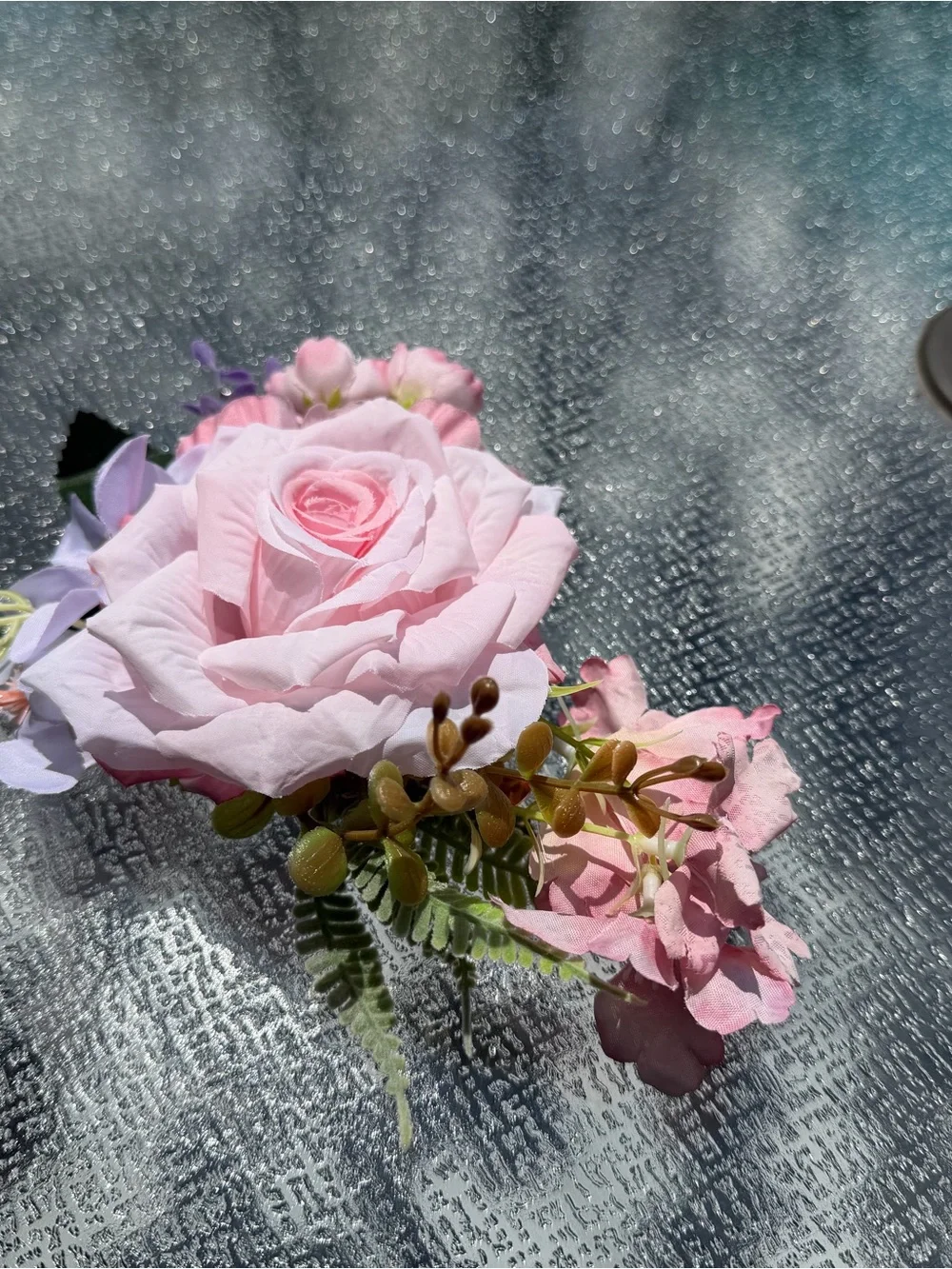 Source Unknown Pastel Pink Rose Hairpiece with Green Accents